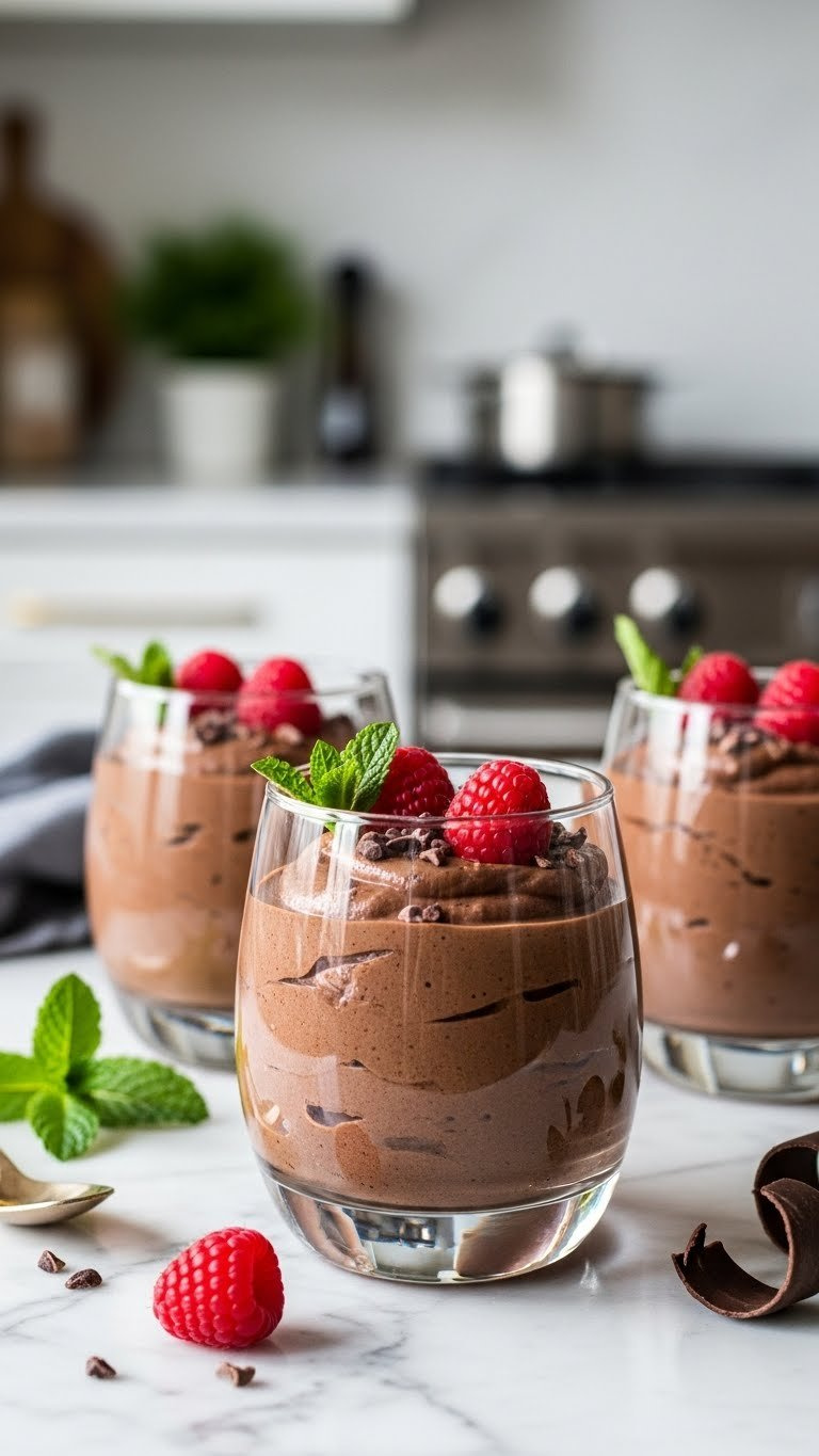 Rich Chocolate Avocado Mousse In Elegant Glasses Topped With Fresh Raspberries And Cacao Nibs On Marble Countertop.
