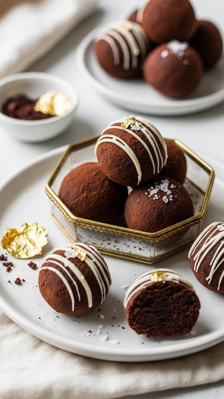 Rich Chocolate Brownie Truffles, Dusted With Cocoa And Drizzled With White Chocolate, On A Ceramic Plate, Elegant Window Light.