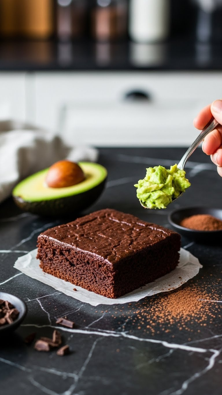 Rich Chocolate Brownie With Fudgy Texture And Avocado Half With Spoon, Cocoa Powder Dusting On Dark Marble Surface.