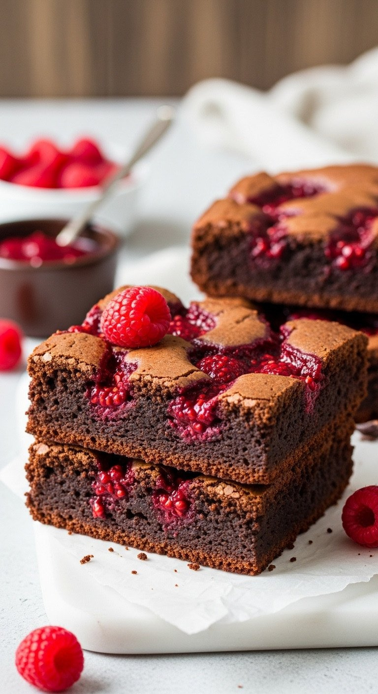 Rich Chocolate Brownies With Deep Red Raspberry Swirl, On A White Cutting Board With Fresh Raspberries And Sauce.