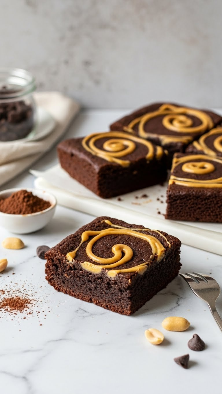 Rich Chocolate Brownies With Peanut Butter Swirl Pattern On Marble Countertop In Elegant Presentation