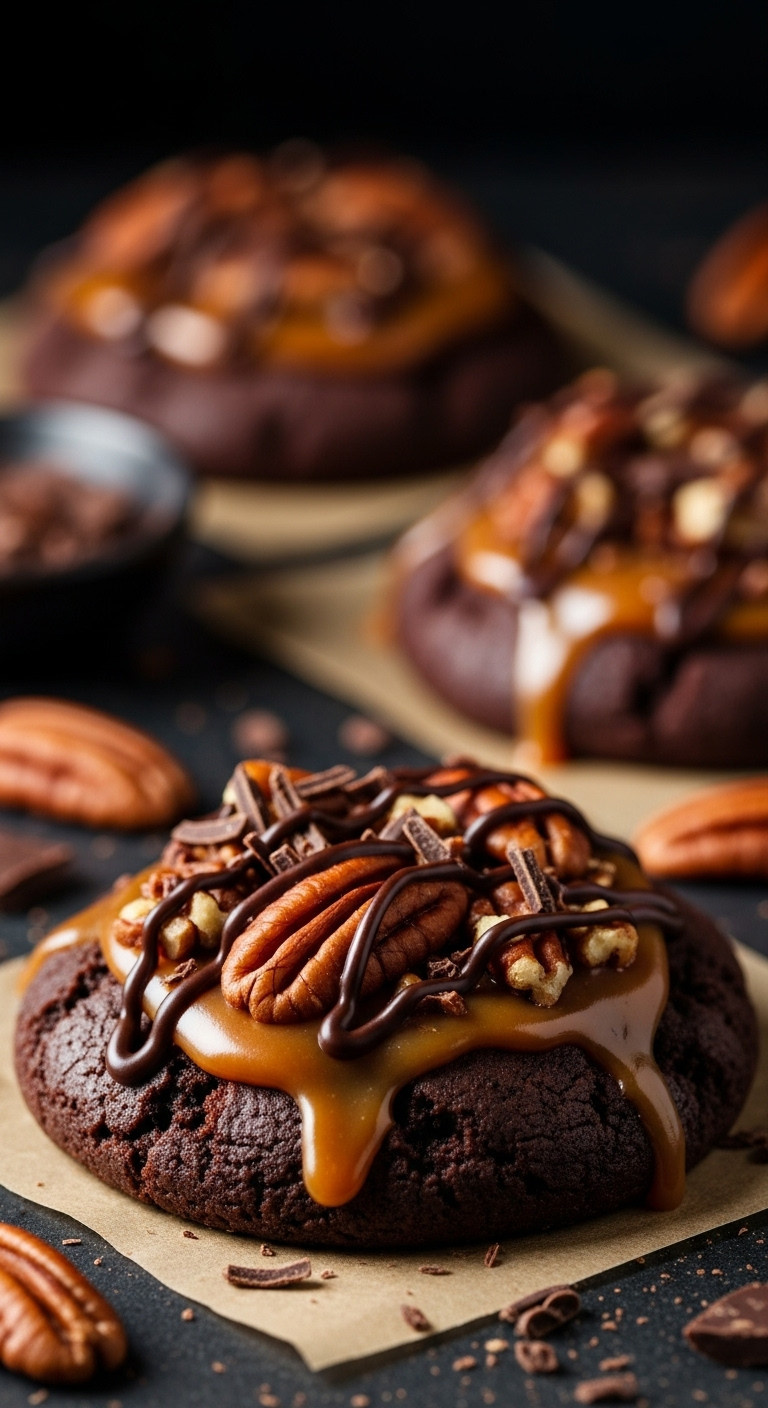 Rich Chocolate Cookie With Melted Caramel, Toasted Pecans, Dark Chocolate Drizzle On Parchment. Decadent Gourmet Dessert.