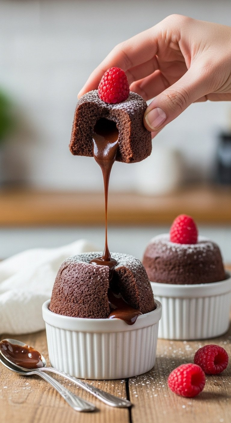 Rich Chocolate Lava Cakes For Two, Molten Center, Confectioner's Sugar, Raspberry On Rustic Wood. Cozy, Inviting Dessert Photography.