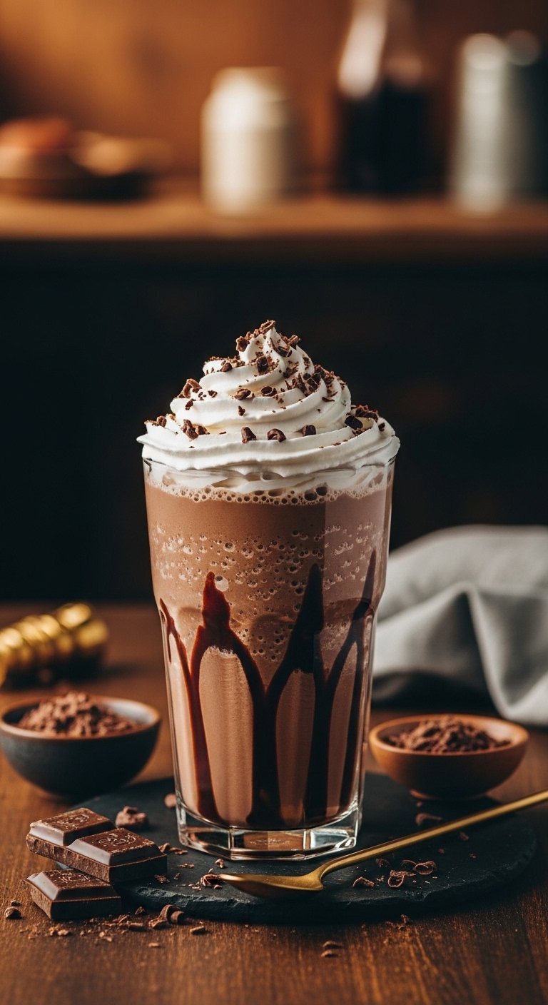 Rich Chocolate Mocha Frozen Coffee With Syrup Drizzle And Whipped Cream On A Dark Wooden Surface.