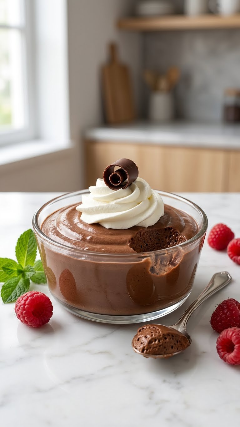 Rich Chocolate Mousse In A Glass Ramekin With Whipped Cream, A Delicate Chocolate Curl, Raspberries, And A Silver Spoon.