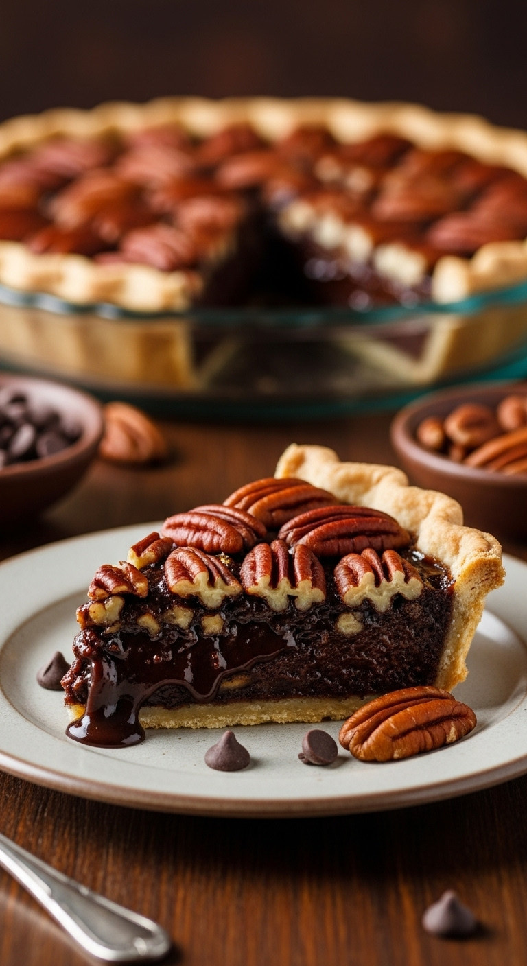 Rich Chocolate Pecan Pie Slice With Gooey Filling, Toasted Pecans, Flaky Golden Crust, On A Vintage Plate, Wood Table.