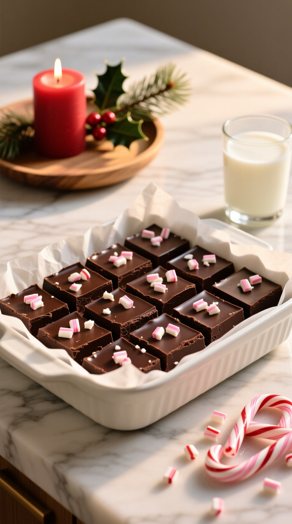 Rich Chocolate Peppermint Fudge Topped With Crushed Candy Canes, Displayed In A White Baking Dish On A Marble Counter.