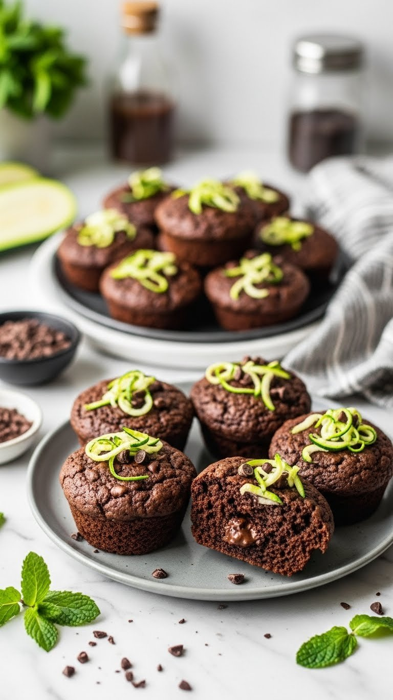 Rich Chocolate Zucchini Muffins From The Air Fryer With Domed Tops And Visible Chocolate Chips