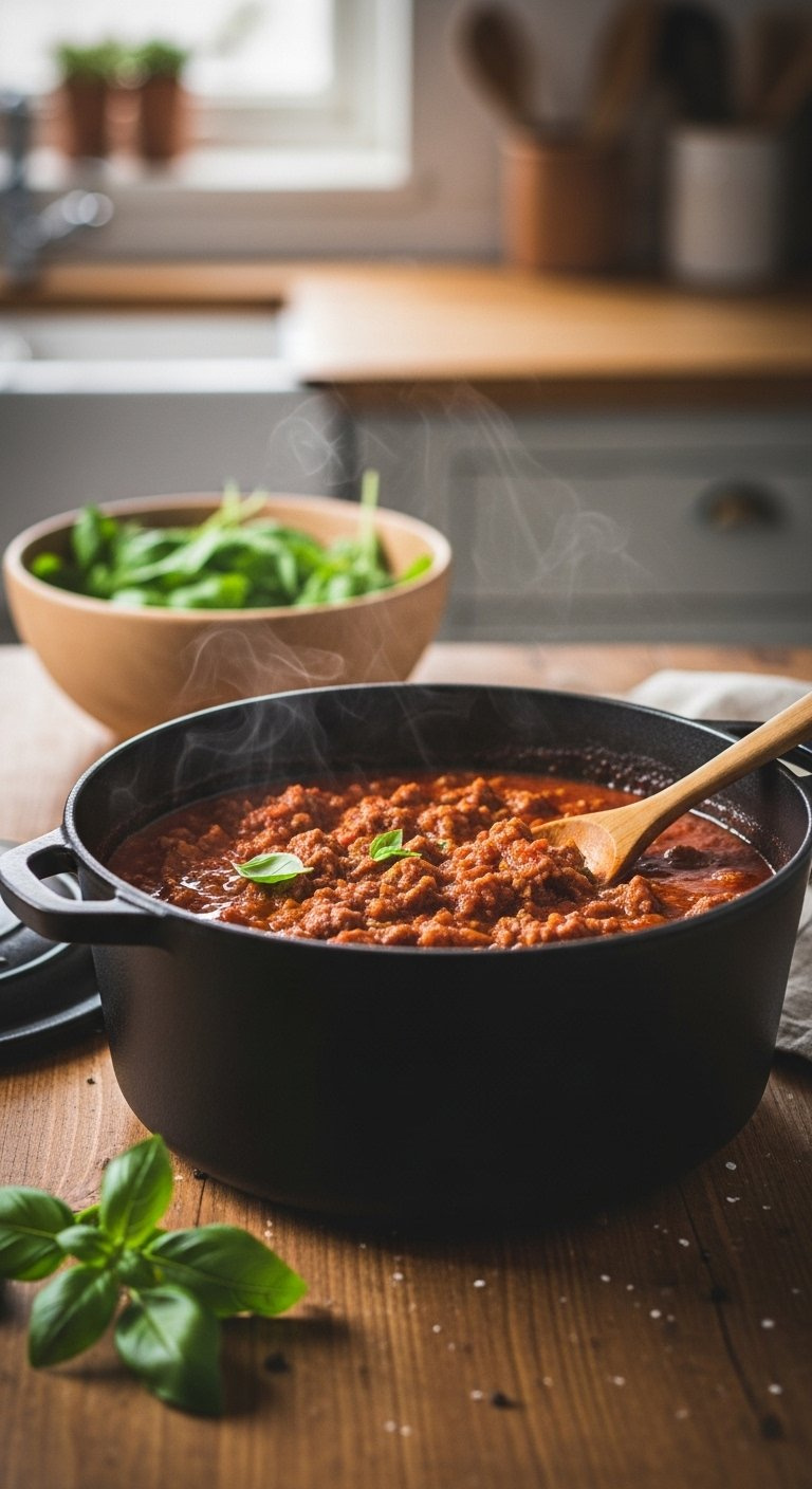 Rich Chunky Meat Ragu Sauce Simmers In A Cast Iron Dutch Oven On A Rustic Wooden Table.