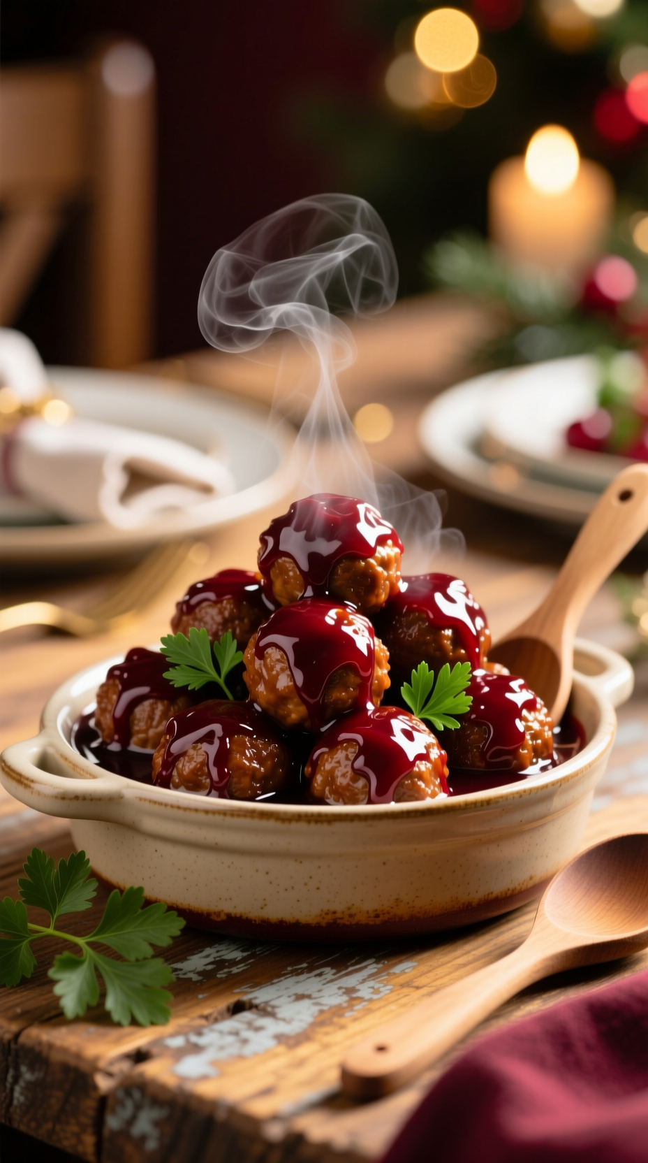 Rich Cranberry Glazed Meatballs In Slow Cooker, Thick Glossy Sauce, Garnished With Parsley For Holiday Events.