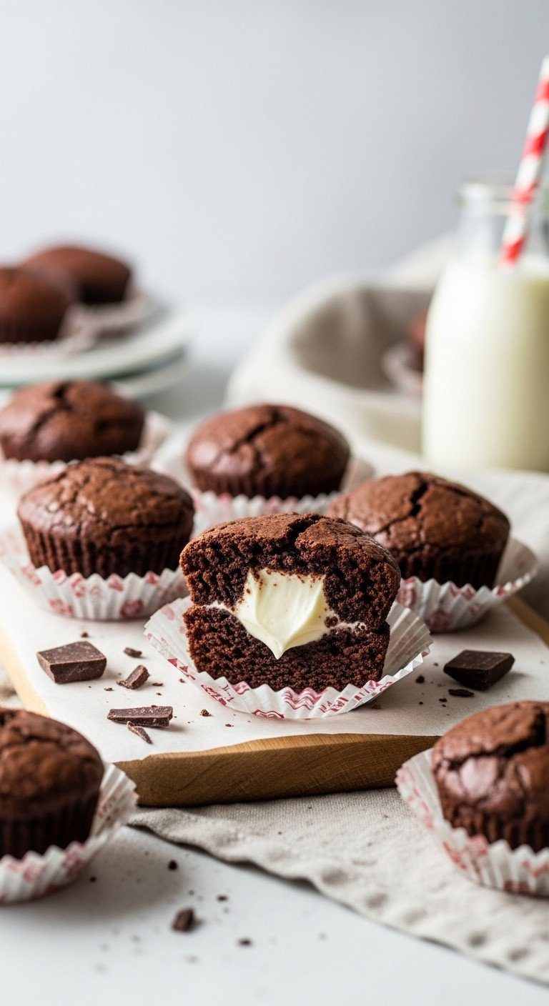 Rich Cream-Filled Double Chocolate Brownie Bites, Halved To Show Creamy White Center, On Wooden Board With Shavings.