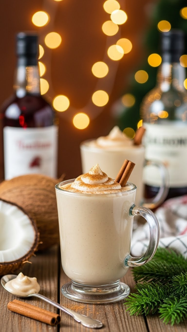 Rich Creamy Coquito In Festive Glass Mug With Cinnamon Garnish And Tropical Holiday Theme.
