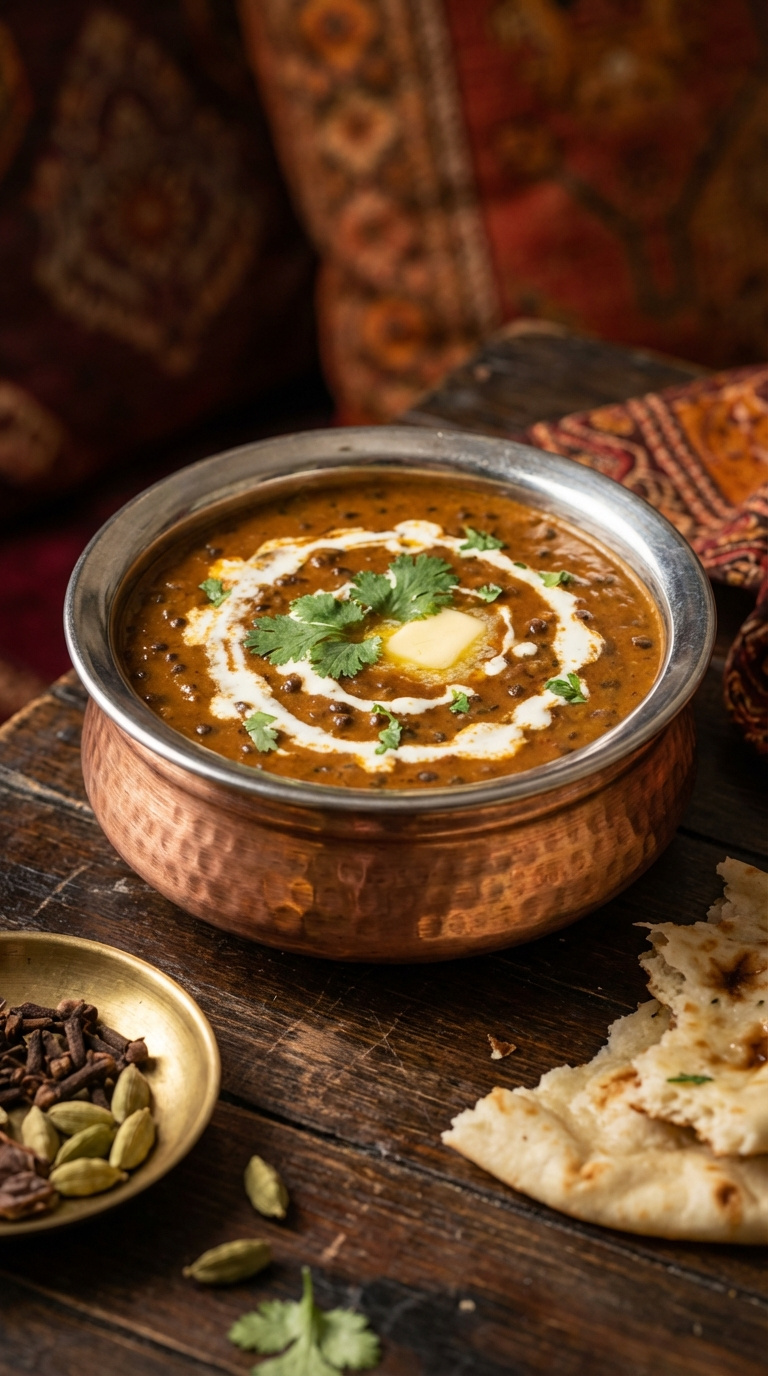 Rich Creamy Dal Makhani Lentil Stew In Copper Bowl With Cream Swirl And Cilantro Garnish
