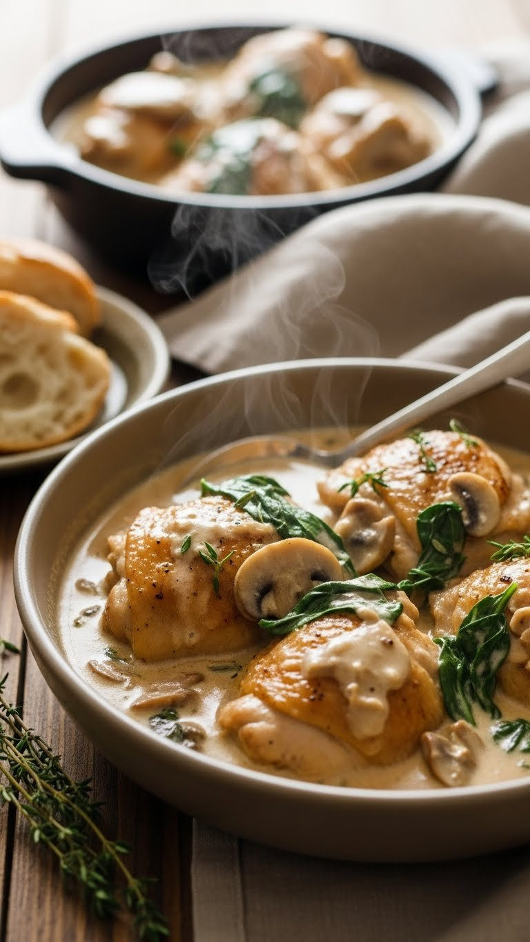 Rich, Creamy Instant Pot Chicken Thighs With Mushrooms And Spinach In A Deep Ceramic Bowl, Served With Crusty Bread, A Comforting Meal.