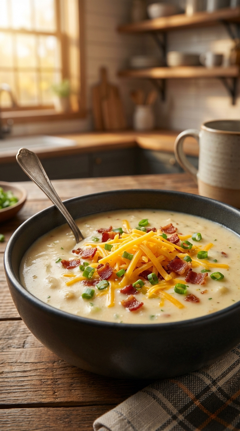 Rich Creamy Instant Pot Loaded Potato Soup Topped With Shredded Cheddar Cheese, Crispy Bacon Bits, And Green Onions