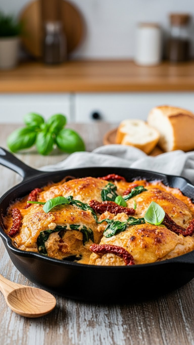 Rich Creamy Tuscan Chicken Bake With Tender Chicken, Sun-Dried Tomatoes, And Fresh Spinach In Rustic Cast Iron Skillet