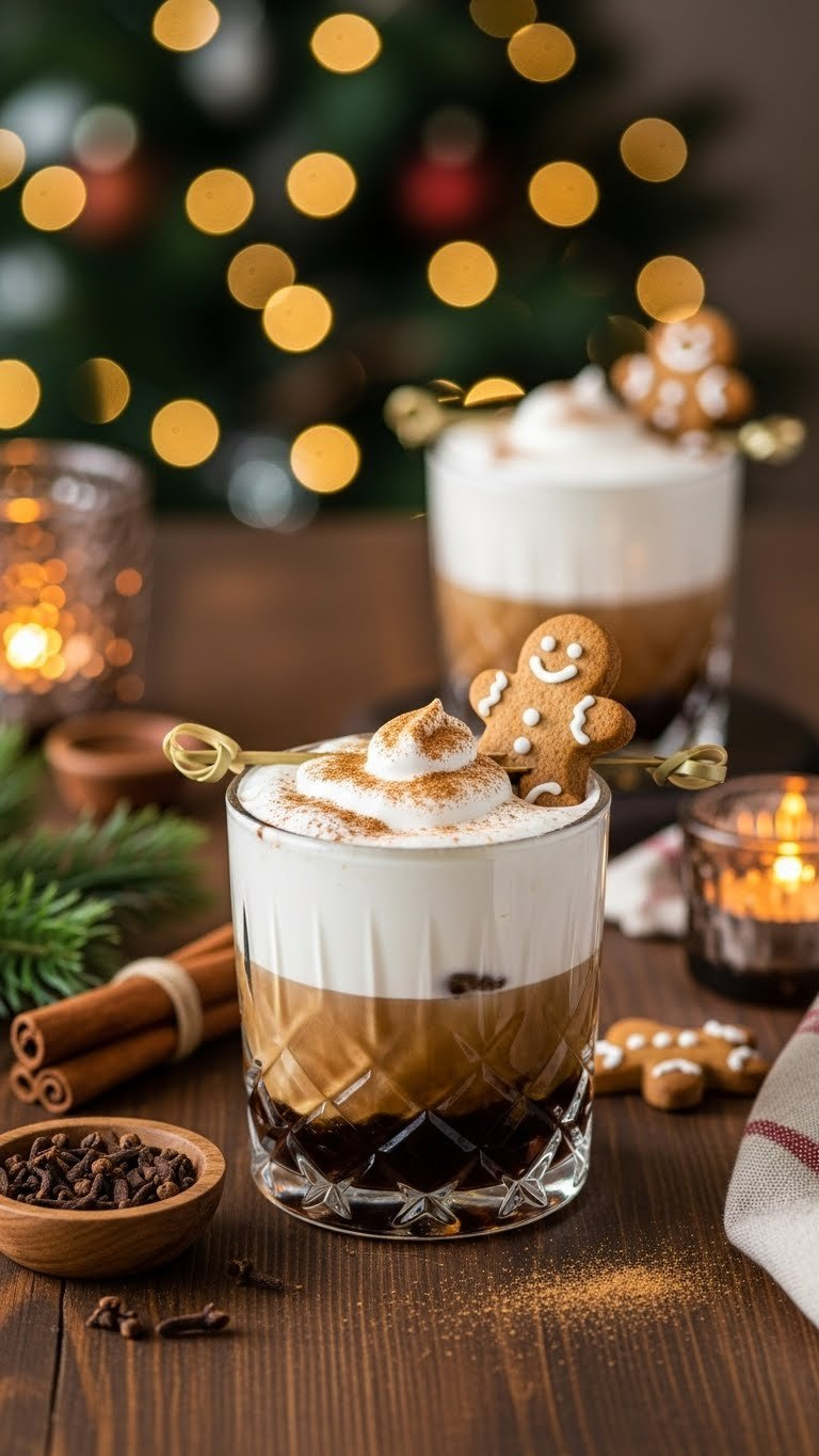Rich Creamy White Russian In Rustic Lowball Glass With Gingerbread Cookie Garnish On Dark Wooden Table