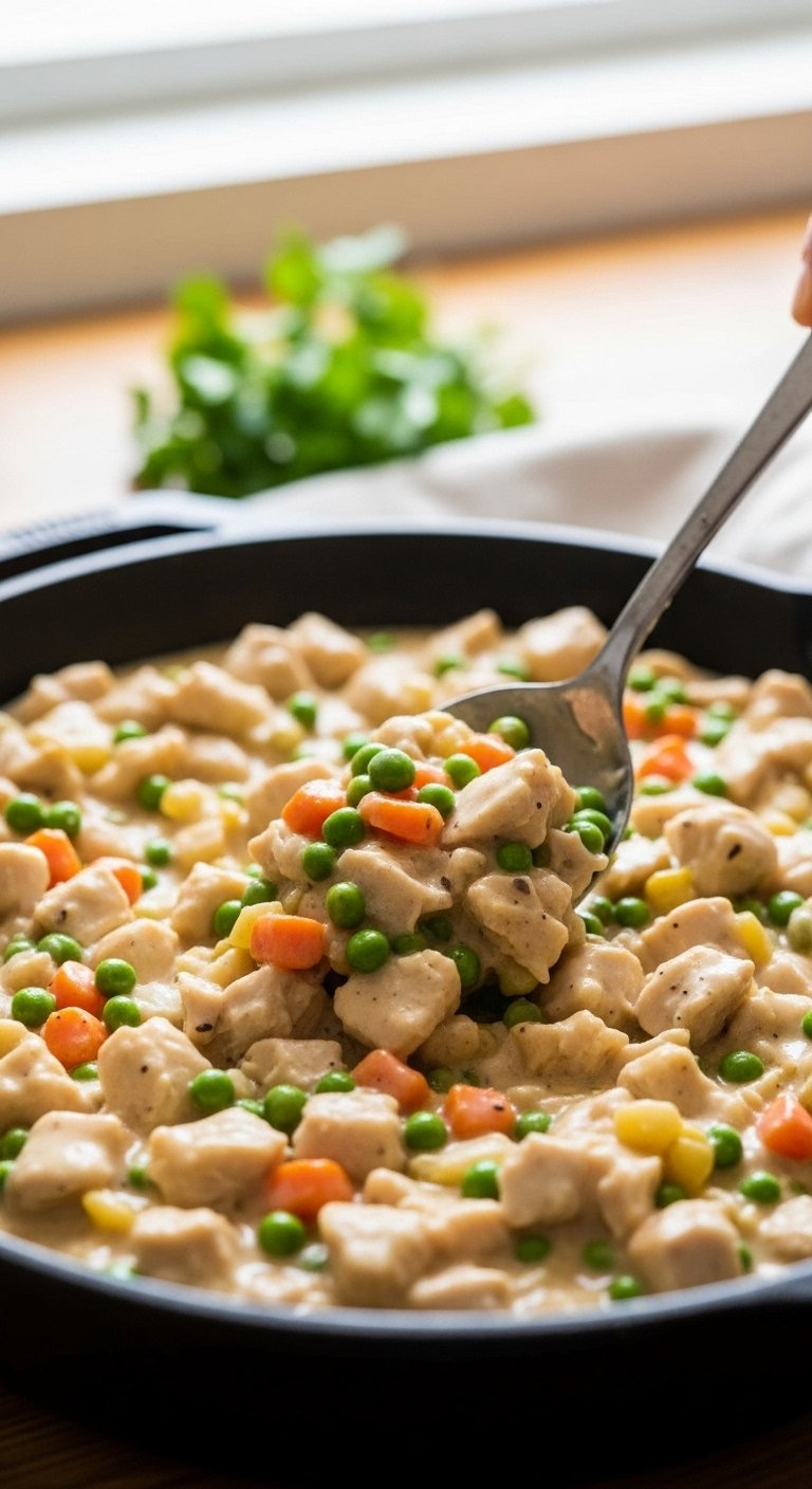 Rich Creamy Chicken Pot Pie Filling With Chunks Of Meat And Vegetables Being Stirred In A Skillet.