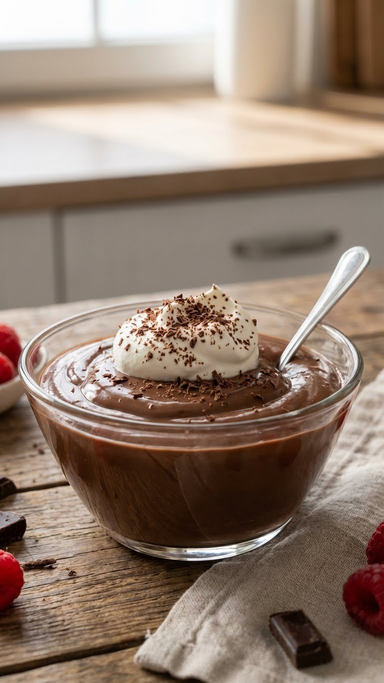 Rich Creamy Chocolate Pudding In A Glass Bowl With Whipped Cream, Chocolate Shavings, A Spoon, And Fresh Berries.