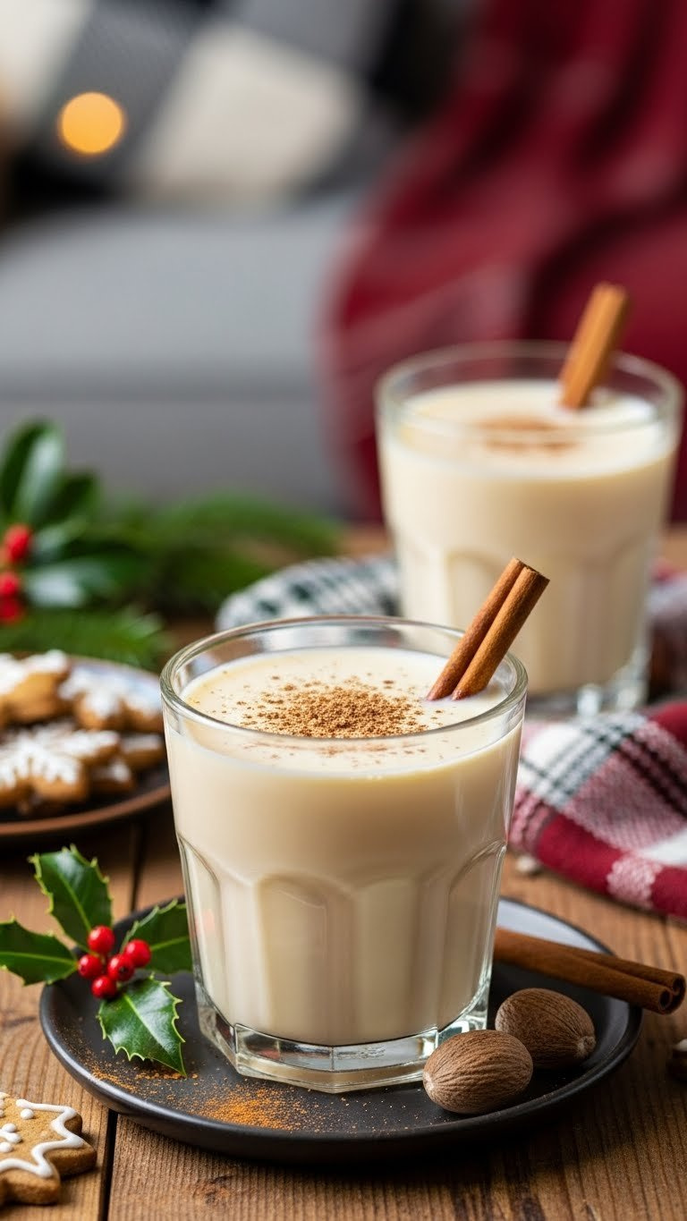 Rich Creamy Eggnog In Clear Glass With Nutmeg Dusting And Cinnamon Stick Garnish On Rustic Wooden Table