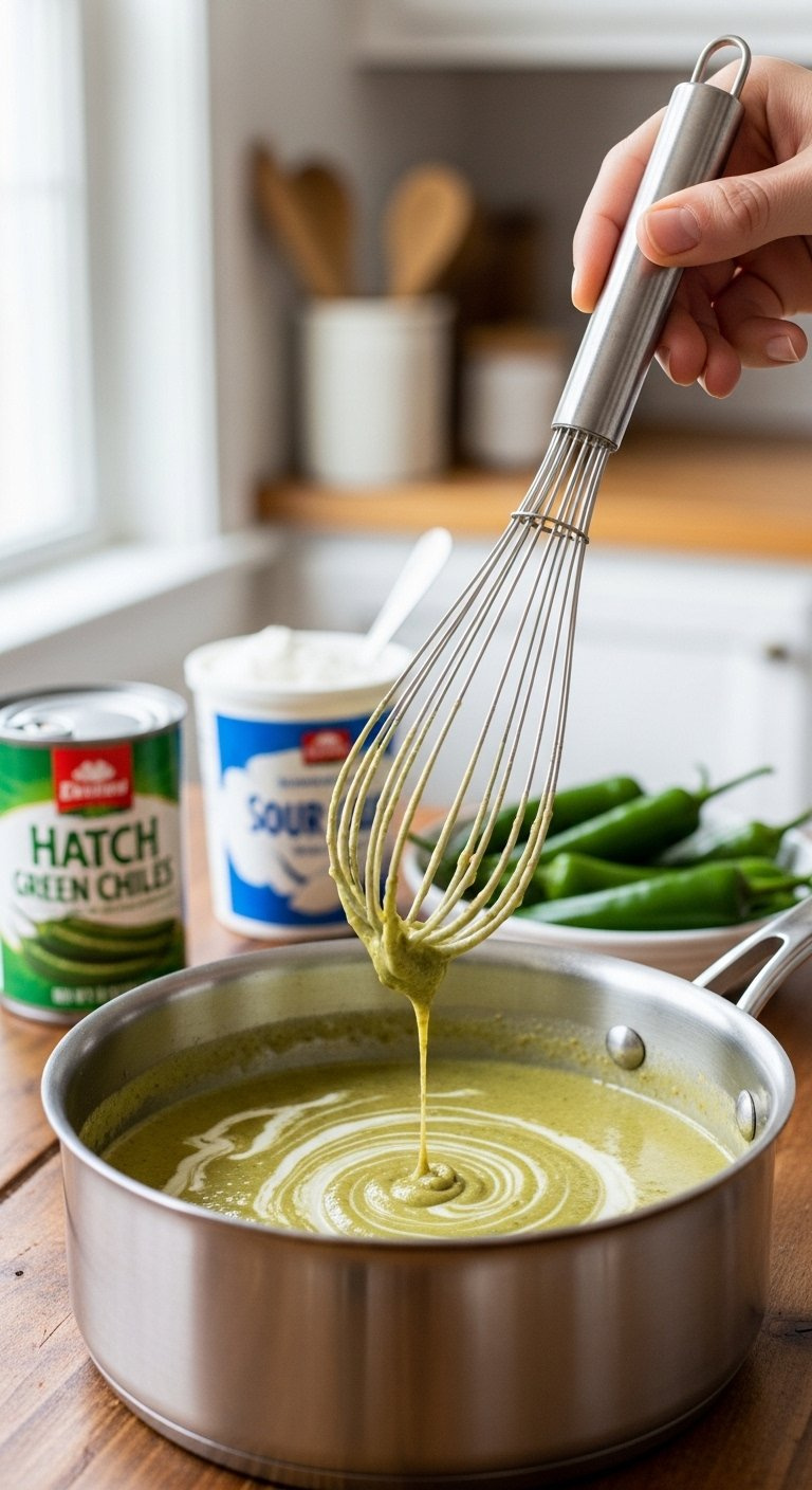 Rich Creamy Green Chili Sauce Being Whisked In A Stainless Steel Saucepan On A Rustic Wooden Table.