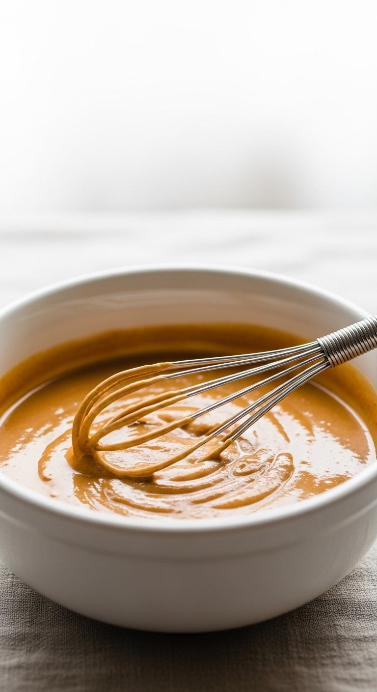 Rich Creamy Peanut Sauce In A White Ceramic Bowl With A Whisk Resting Inside On A Linen Tablecloth.