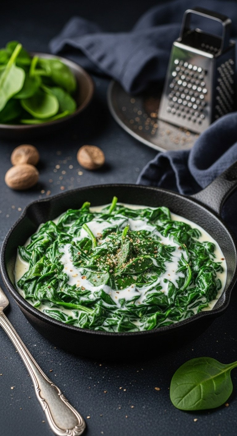 Rich Creamy Spinach In A Rustic Skillet With A Swirl Of Cream And Nutmeg, A Comforting And Elegant Side Dish.