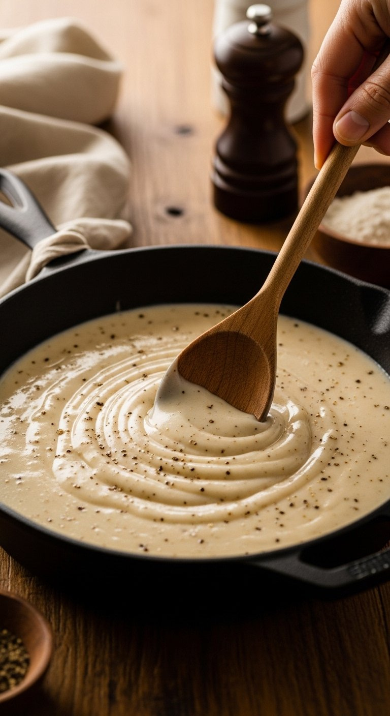 Rich Creamy White Country Gravy With Black Pepper Flecks Being Stirred In A Black Cast Iron Skillet.