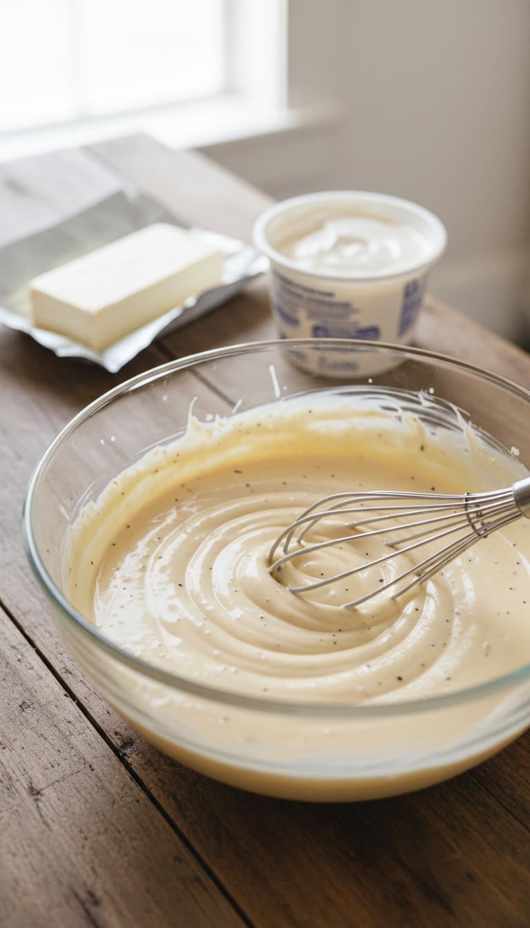 Rich Creamy White Sauce Being Whisked In A Glass Bowl On A Rustic Wooden Table With Kitchen Ingredients.