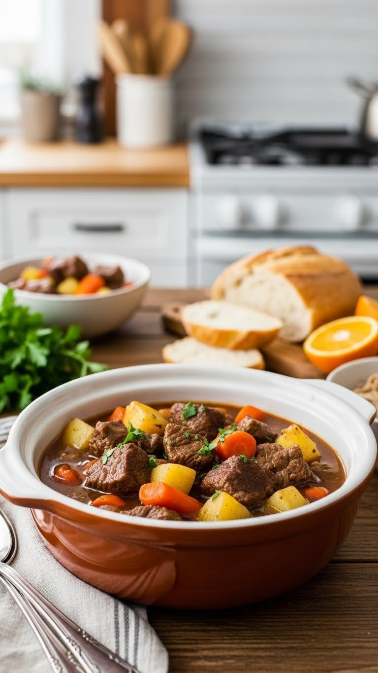 Rich Crockpot Beef Stew With Tender Chunks, Carrots, And Potatoes In Savory Brown Gravy Served In Rustic Ceramic Bowl