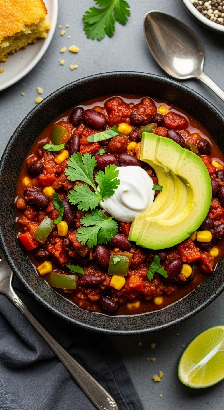 Rich Crockpot Vegetarian Chili With Black Beans, Kidney Beans, Corn, Bell Peppers, Avocado, Cilantro, And Vegan Crema, Served With Cornbread.