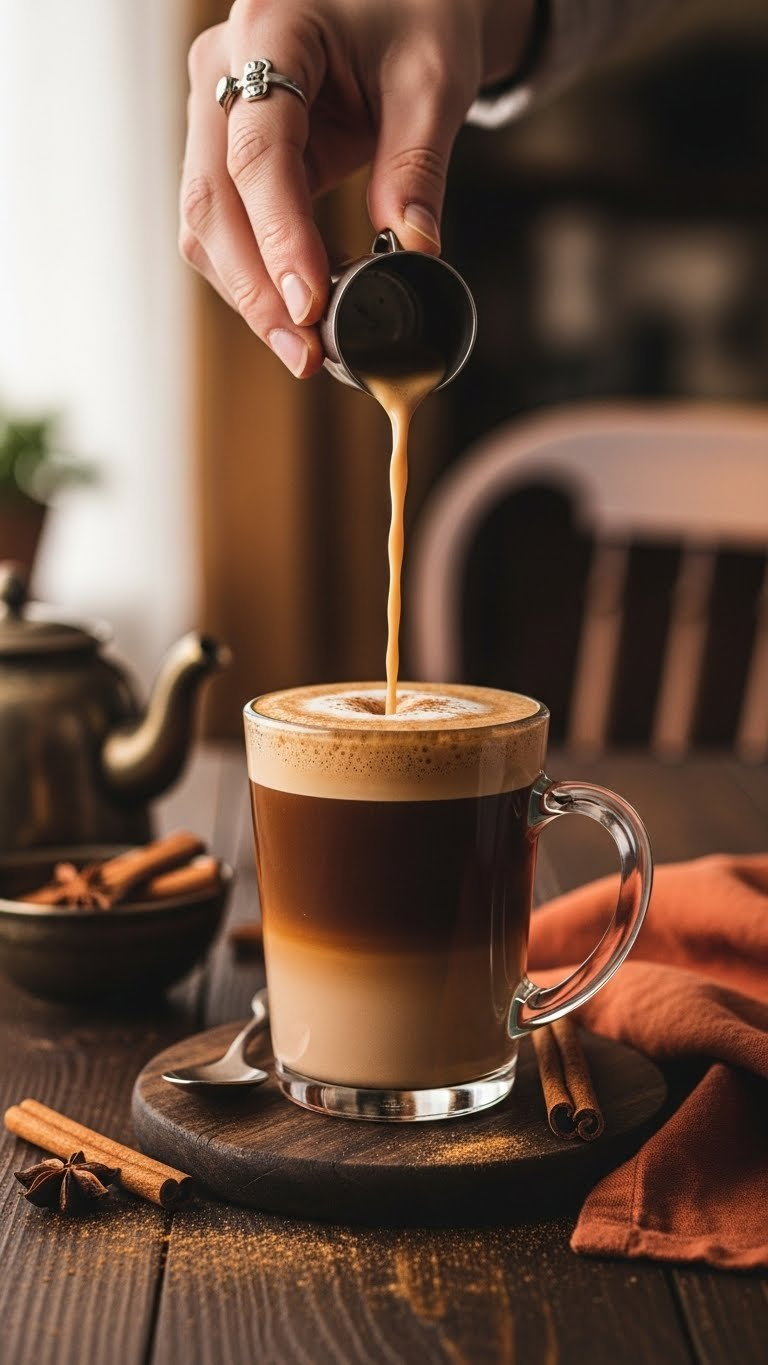 Rich Dark Brown Chai Tea Latte With Cinnamon Sprinkle In Clear Glass Mug On Dark Wooden Table.