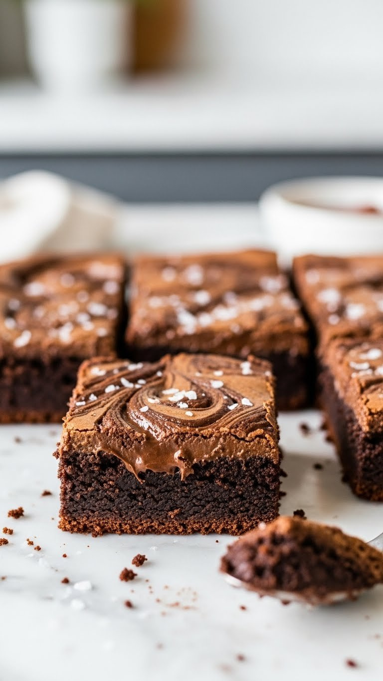 Rich Dark Chocolate Nutella Swirl Brownies, Gooey Texture, Cracked Surface On Marble. Cozy Kitchen Dessert Scene.