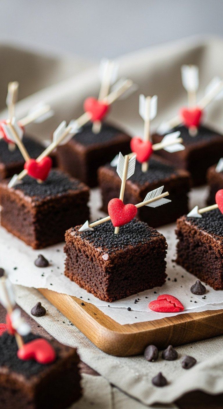 Rich Dark Chocolate Brownie Bites With Anti-Cupid Arrows, Cocoa Dusting, Scattered Chips On A Wood Board.
