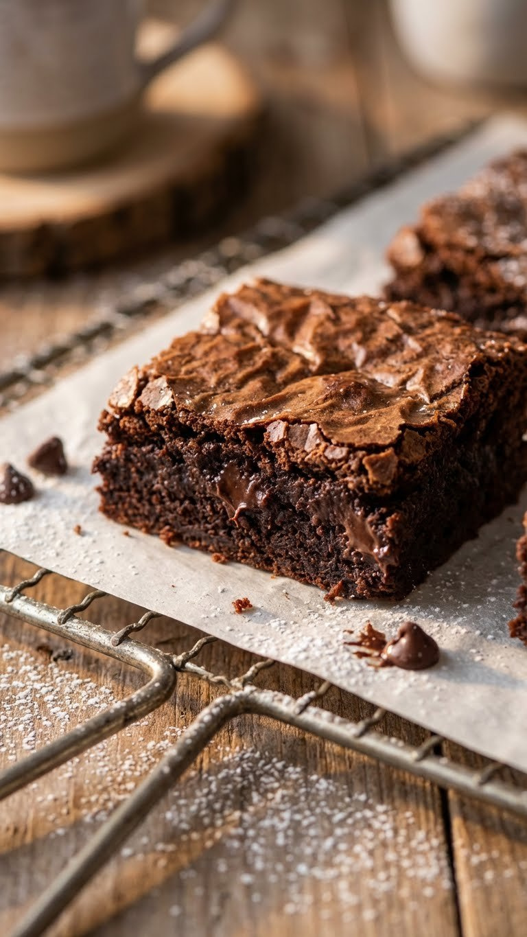 Rich Dark Chocolate Brownie With Fudgy Center And Crinkled Top On Parchment-Lined Rack. Rustic Table, Powdered Sugar, Warm Light.