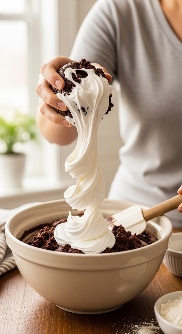 Rich Dark Chocolate Cookie Dough In A Ceramic Bowl With Thick White Marshmallow Fluff Ribbons Being Folded In On A Rustic Wooden Table.