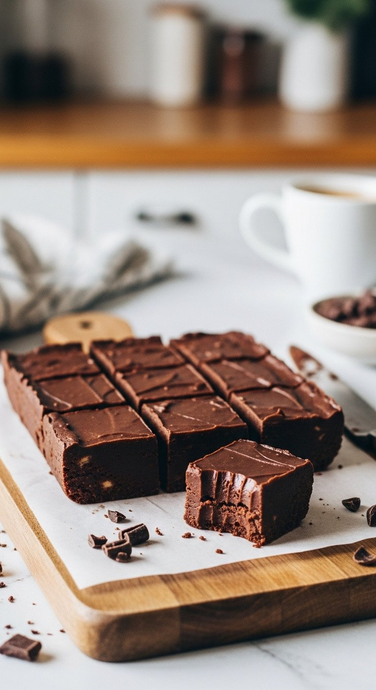 Rich Dark Chocolate Fudge Cut Into Squares On Parchment Paper, Sitting On A Rustic Wooden Board With One Piece Showing A Bite.