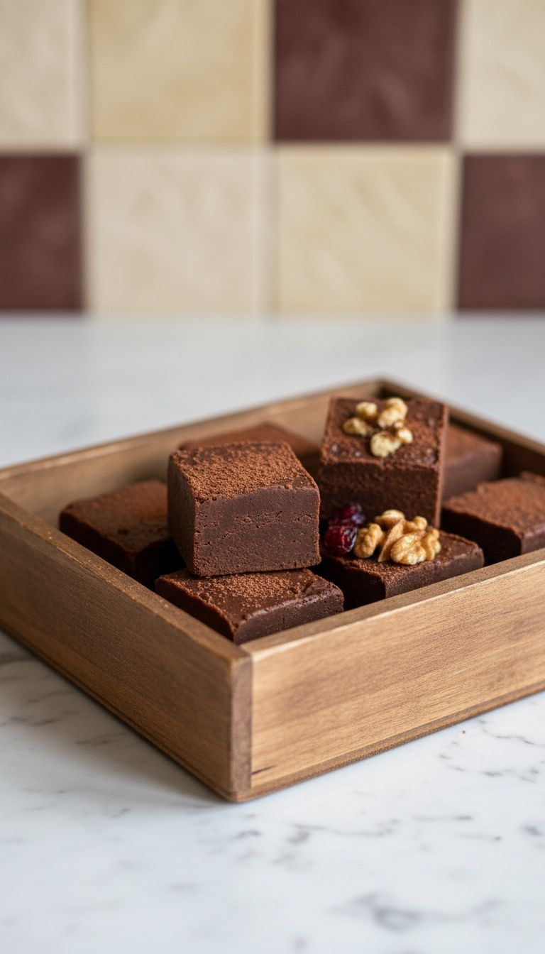 Rich, Dark Chocolate Fudge Squares In A Rustic Wooden Box On A Marble Counter, Highlighting Glossy Sheen And Fudgy Texture.