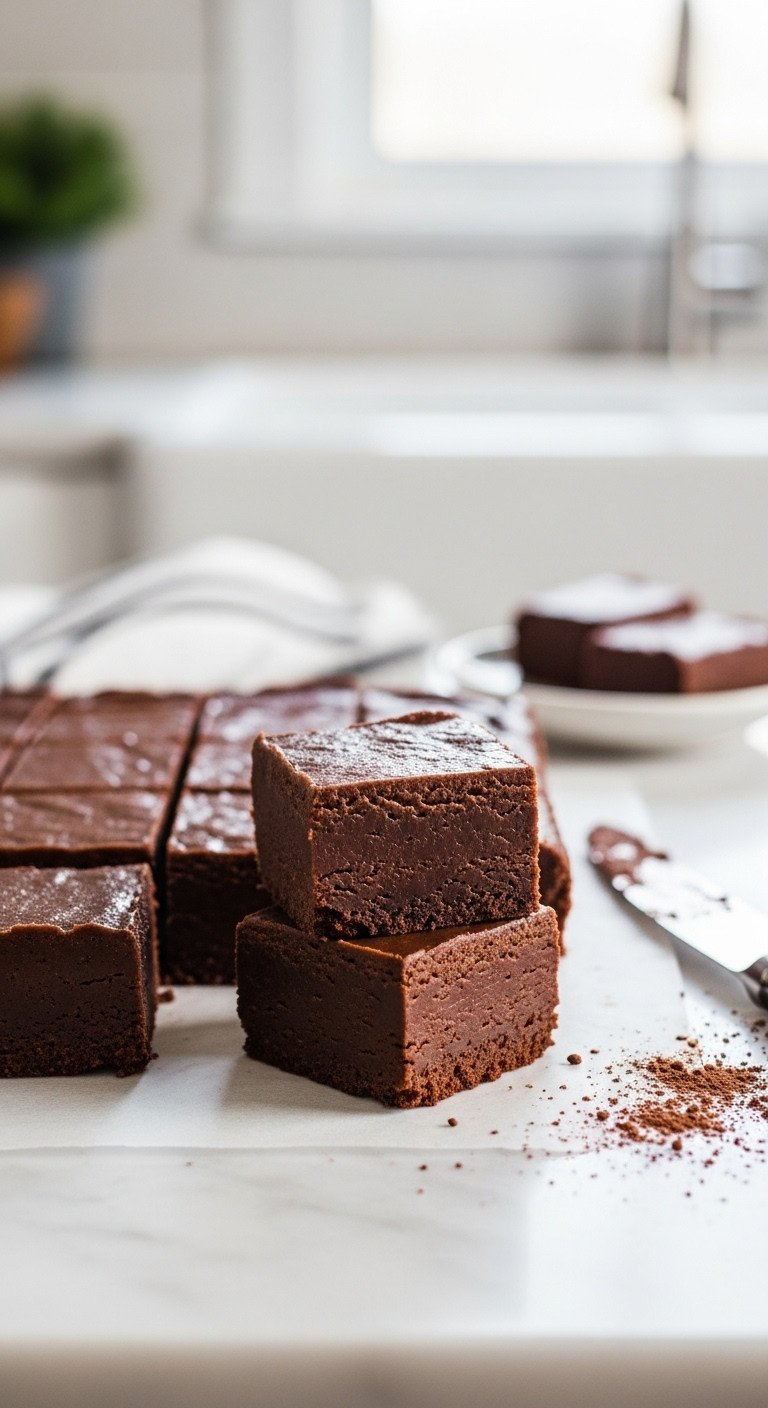 Rich Dark Chocolate Fudge Squares, Smooth And Decadent, With A Slight Sheen, On A White Marble Countertop, Perfect Dessert.