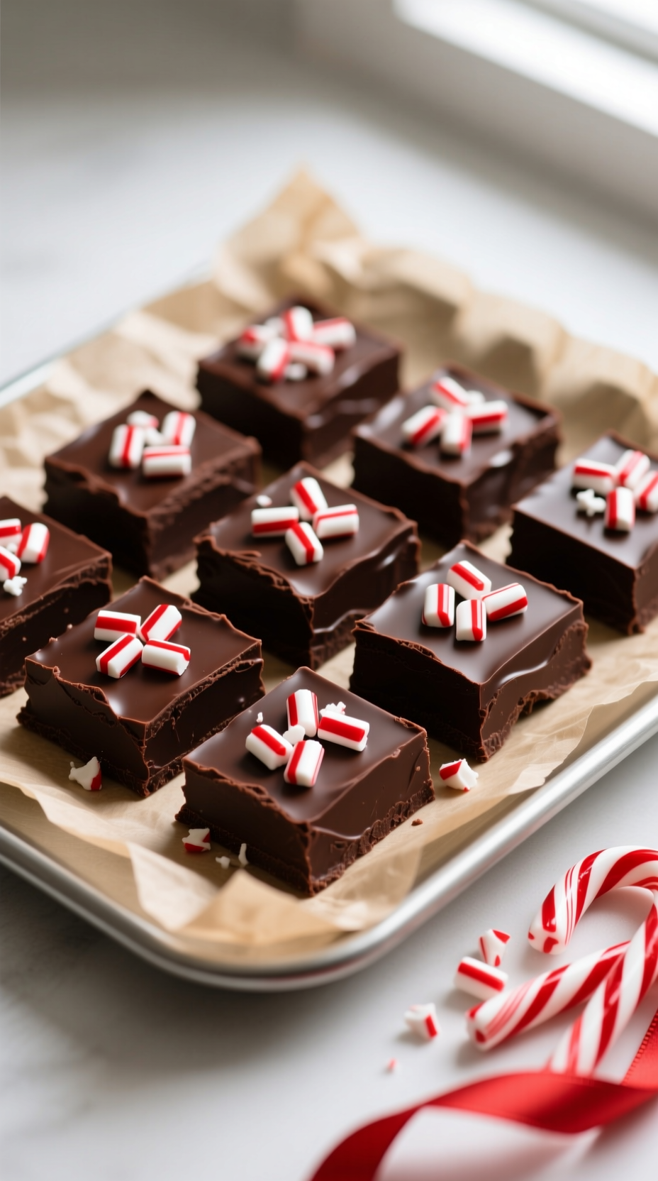 Rich Dark Chocolate Fudge Squares Topped With Crushed Peppermint Candy, On A Parchment-Lined Platter. Festive No-Bake Dessert.