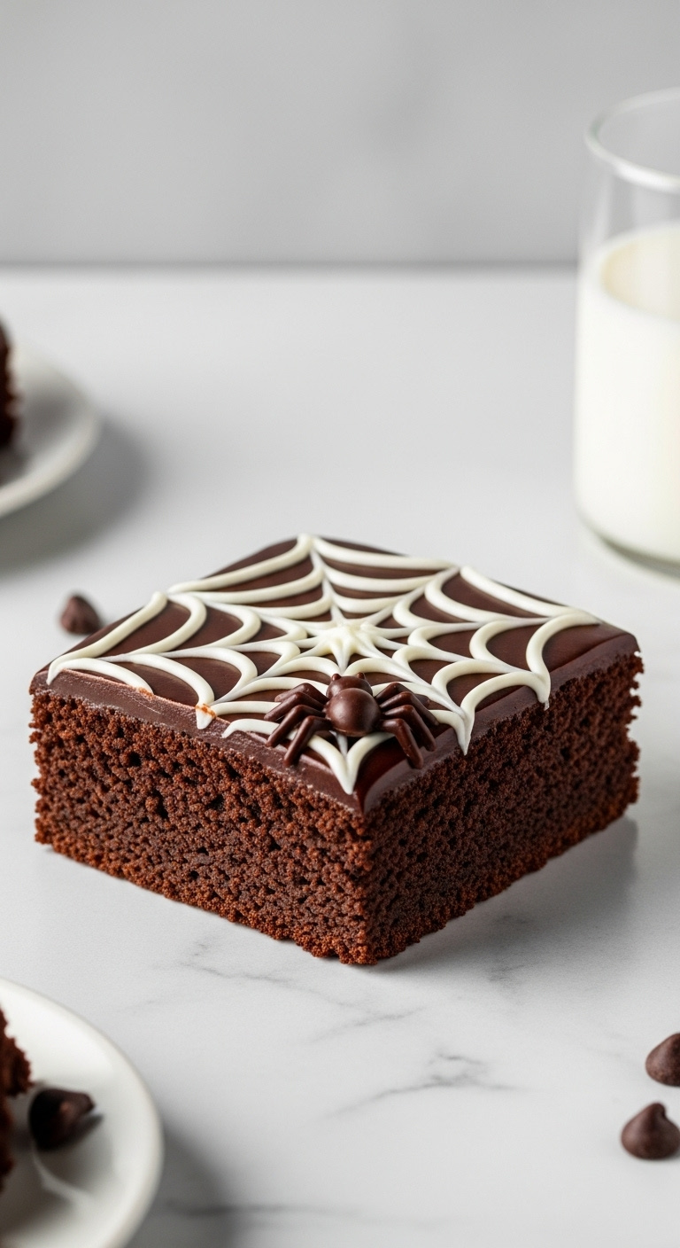 Rich Dark Chocolate Fudgy Brownie With A White Cream Cheese Spider Web And Chocolate Spider On White Marble