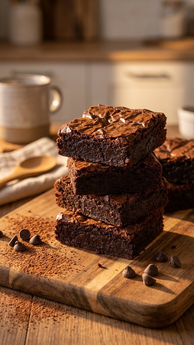 Rich, Dark Chocolate Fudgy Brownies With A Glossy Top, Neatly Cut On A Rustic Table, Cocoa Dust, Warm Golden Hour Light.