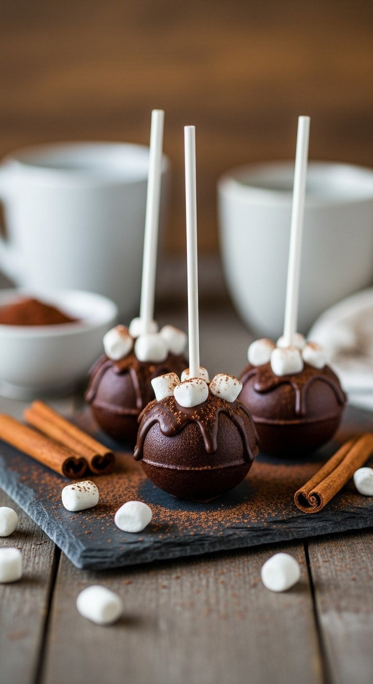 Rich Dark Chocolate Hot Chocolate Bomb Cake Pops With Marshmallows, Cocoa Dust On A Slate Board, Cozy Mugs.