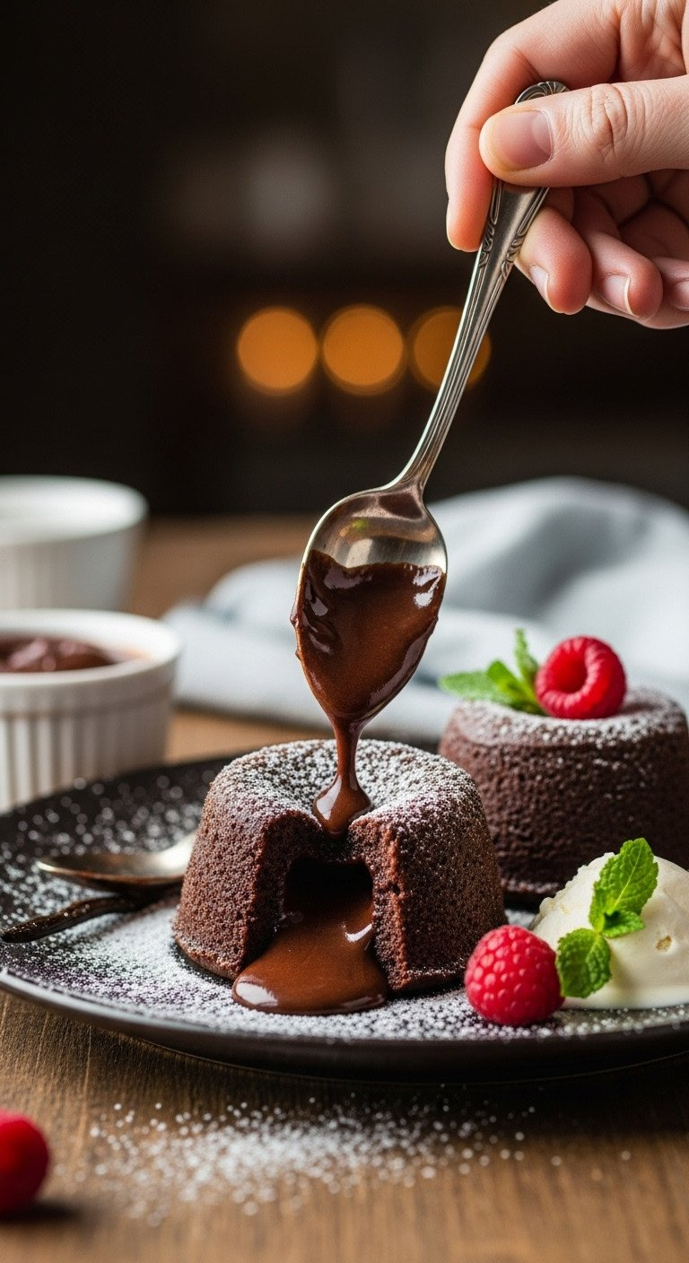 Rich Dark Chocolate Lava Cakes With Molten Centers, Powdered Sugar, Raspberry, And Vanilla Ice Cream On A Rustic Wooden Table.