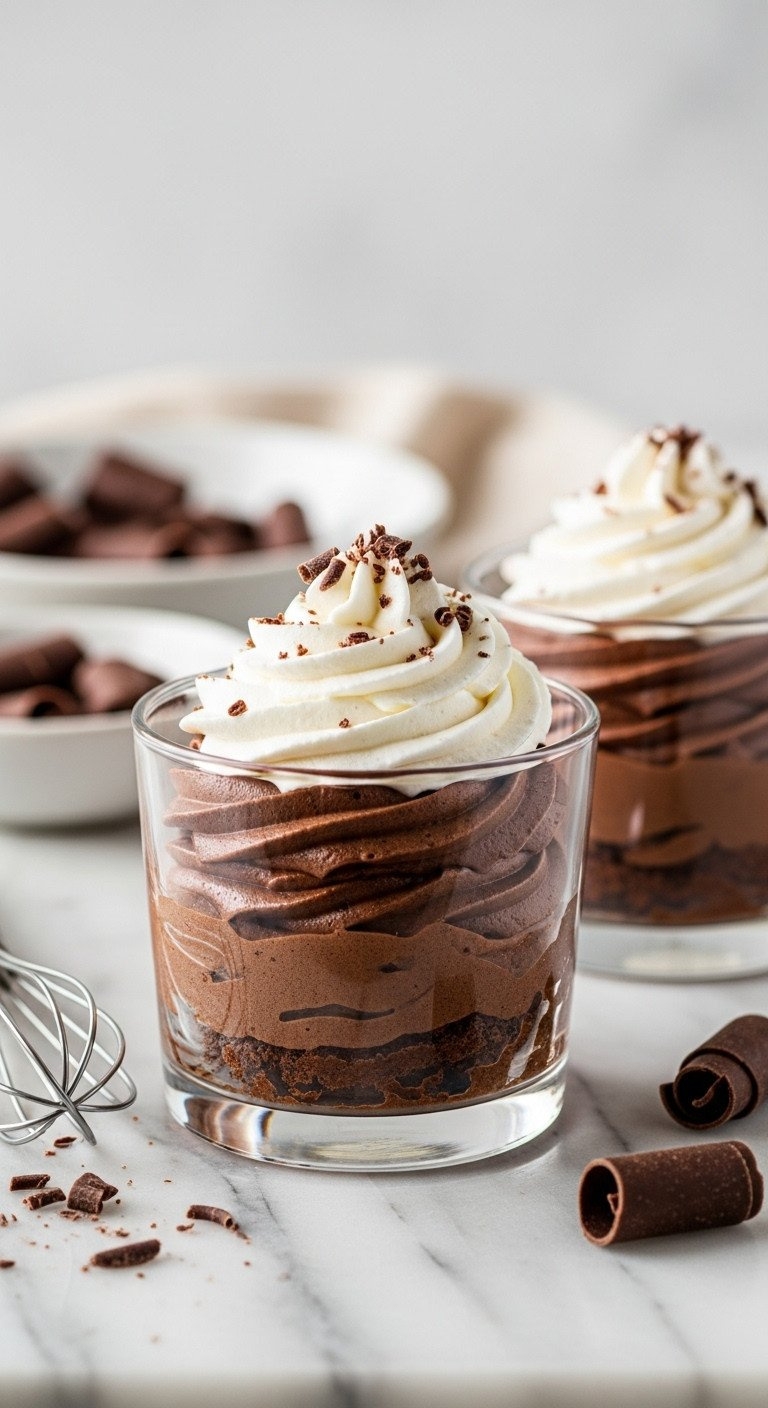 Rich Dark Chocolate Mousse Cups Topped With Whipped Cream Rosettes And Chocolate Shavings On A Marble Counter. Luxurious Dessert.