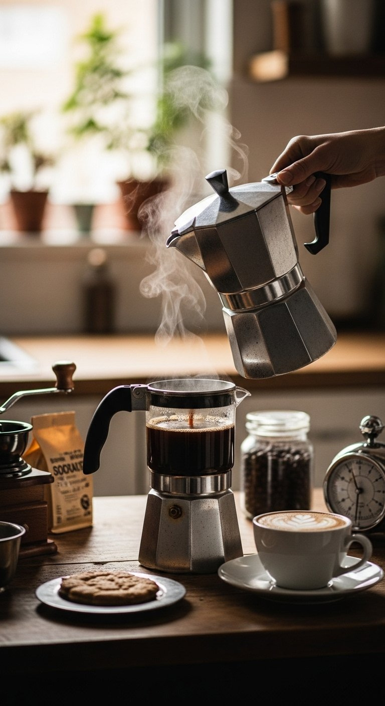 Rich Dark Coffee Brewing In A Moka Pot With Steam Rising On A Dark Wooden Kitchen Counter.