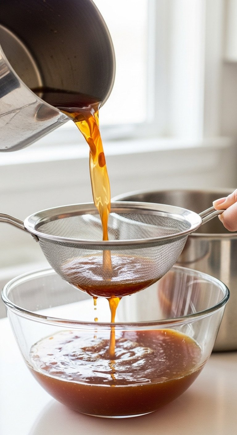 Rich, Dark Homemade Apple Cider Being Poured Through A Fine-Mesh Sieve Into A Large Glass Bowl On A Clean Kitchen Counter.