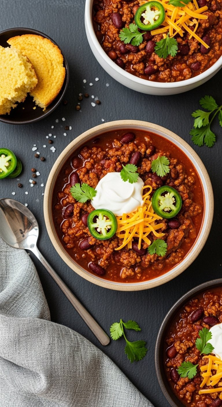 Rich Dark Red Chili With Ground Beef Beans And Spices Topped With Sour Cream Cheddar Cheese And Jalapeño Slices.