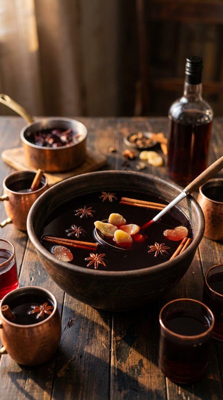 Rich Dark Red Spiced Sorrel Rum Punch In Rustic Bowl With Star Anise, Cinnamon Sticks, And Candied Ginger Garnish
