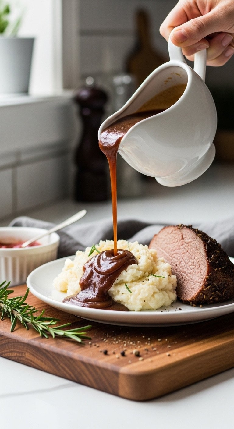 Rich, Dark Vegan Gravy Pouring From A White Ceramic Boat Onto A Plate With Mashed Potatoes, Garnished With Rosemary.